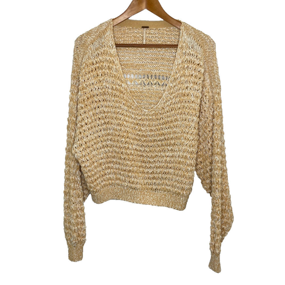 Women's Small Free People Coconut Cropped Crochet V-Neck Open Knit Sweater Tan